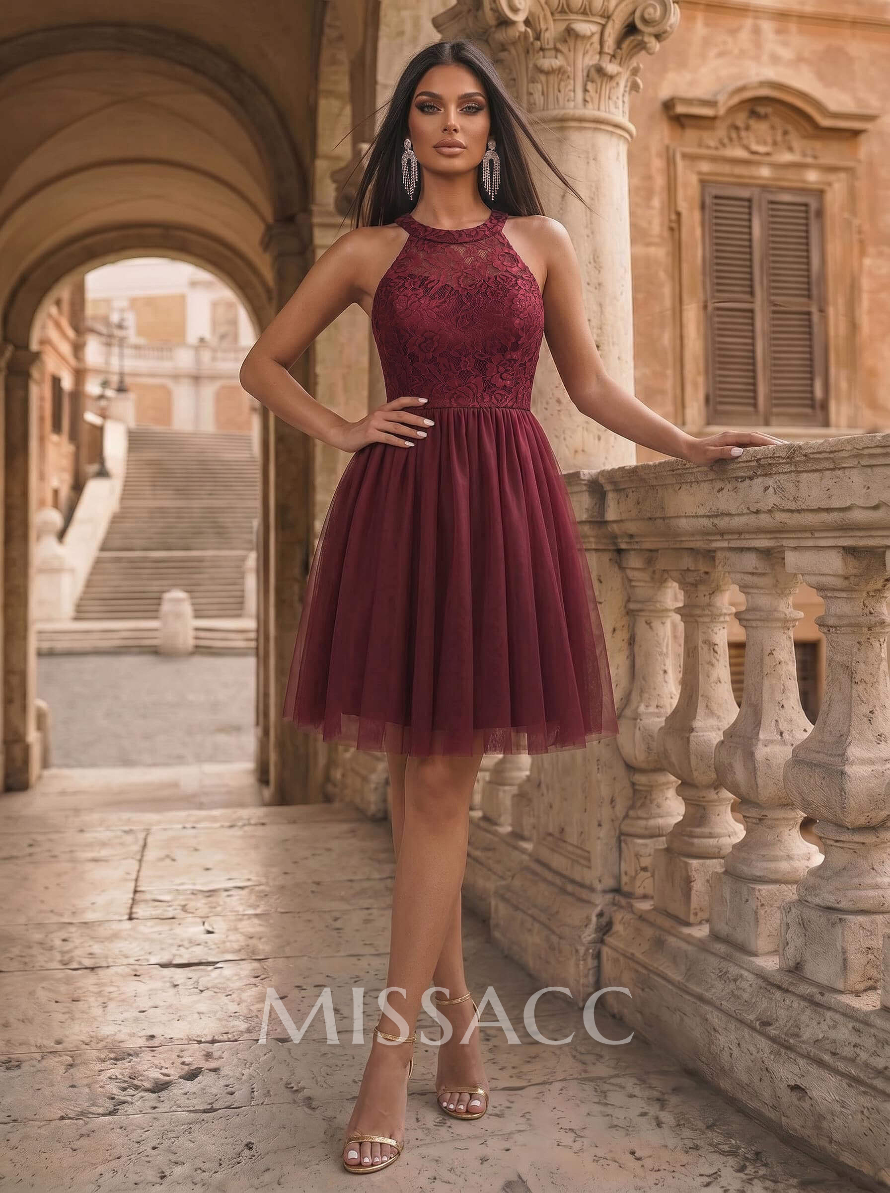 A-Line High Neck Sleeveless Tulle Lace Knee-Length Homecoming Dress With Lace Pleated A-Line High Neck Sleeveless Tulle Lace Knee-Length Homecoming Dress With Lace Pleated