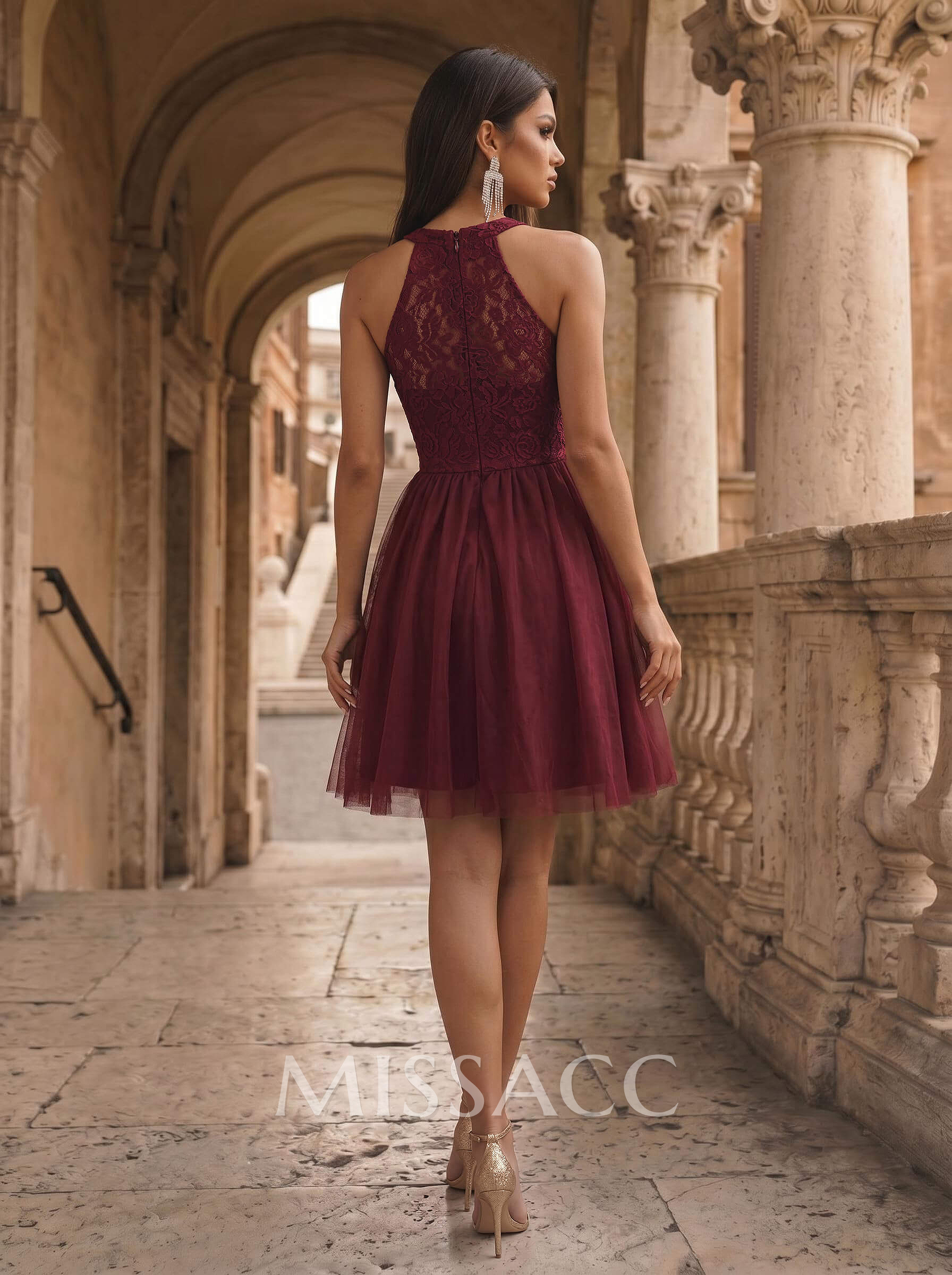 A-Line High Neck Sleeveless Tulle Lace Knee-Length Homecoming Dress With Lace Pleated A-Line High Neck Sleeveless Tulle Lace Knee-Length Homecoming Dress With Lace Pleated