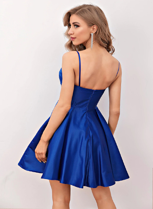 A-Line V-Neck Sleeveless Satin Short/Mini Homecoming Dress With Pleated