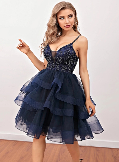 A-Line V-Neck Sleeveless Tulle Short/Mini Homecoming Dress With Pleated