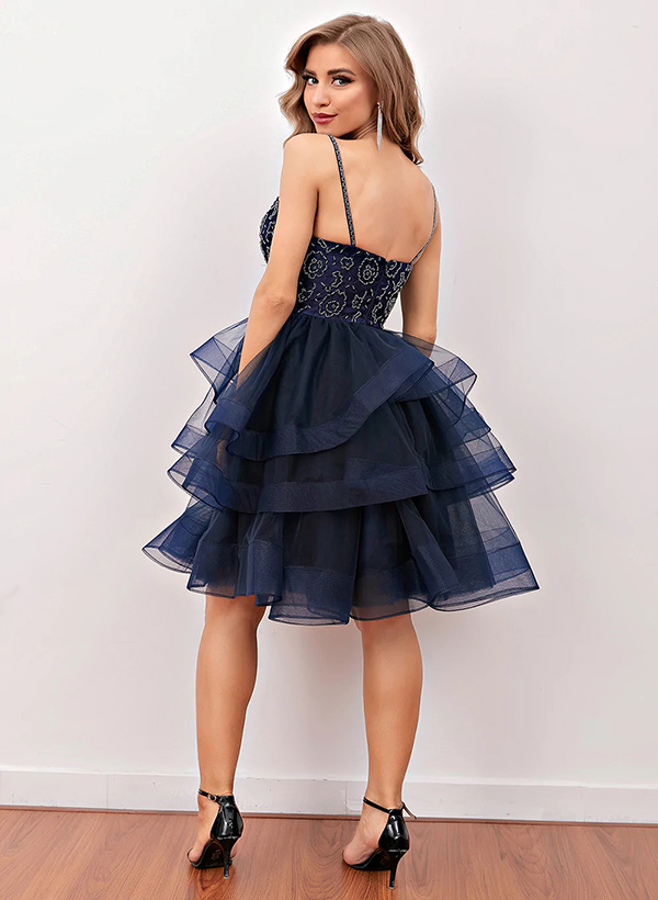 A-Line V-Neck Sleeveless Tulle Short/Mini Homecoming Dress With Pleated