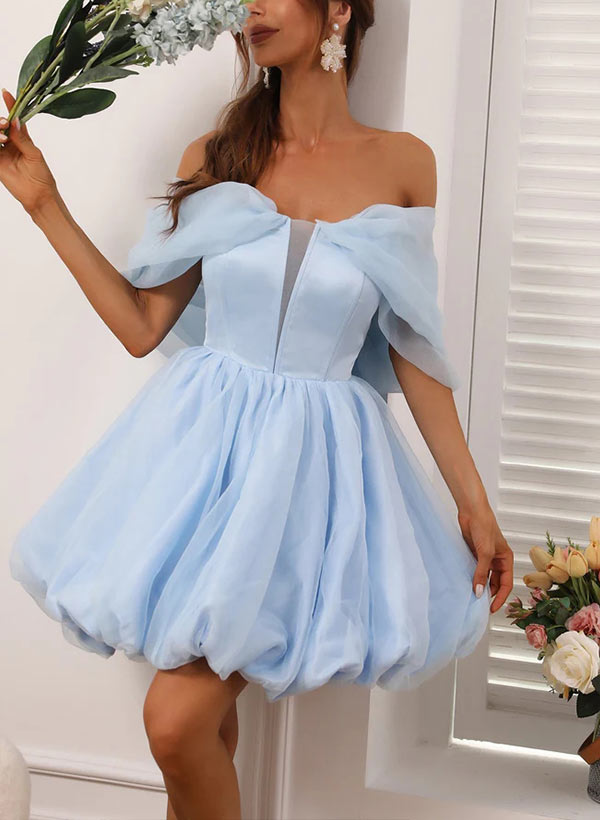 A-Line Off-the-Shoulder Short sleeves Strapless Organza Homecoming Dress 