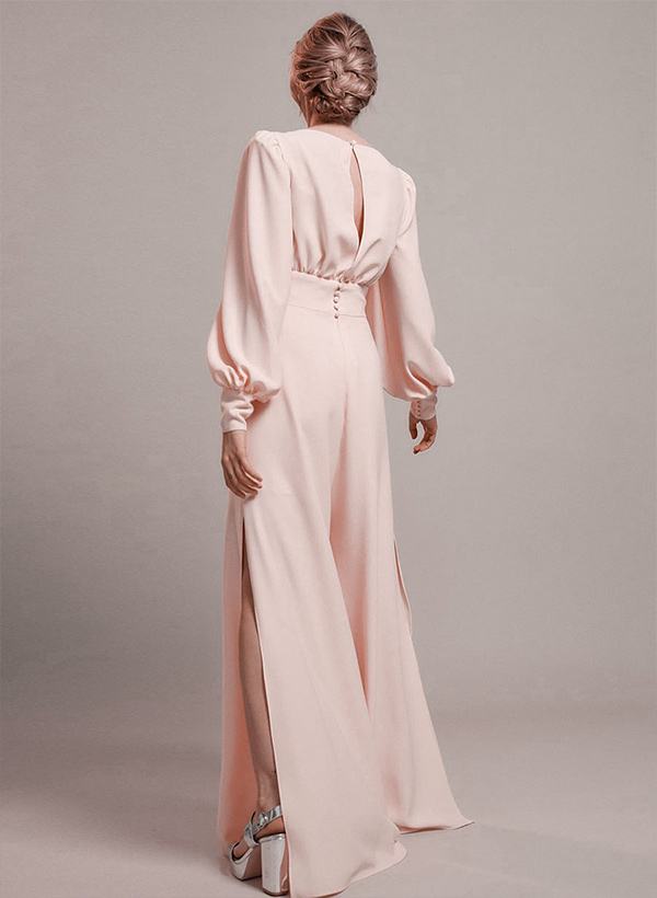 Jumpsuit/Pantsuit V-Neck Long Sleeves Elastic Satin Floor-Length Mother of the Bride Dress