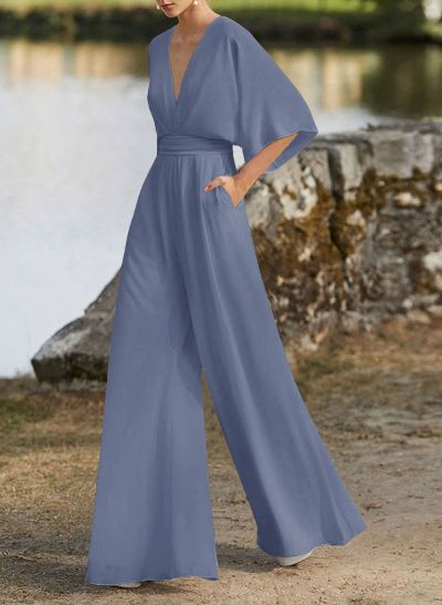Jumpsuit/Pantsuit V-Neck 1/2 Sleeves Elastic Satin Floor-Length Mother Of The Bride Dress