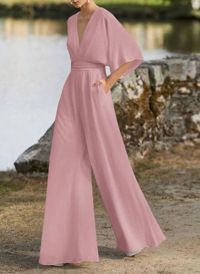 Jumpsuit/Pantsuit V-Neck 1/2 Sleeves Elastic Satin Floor-Length Mother Of The Bride Dress