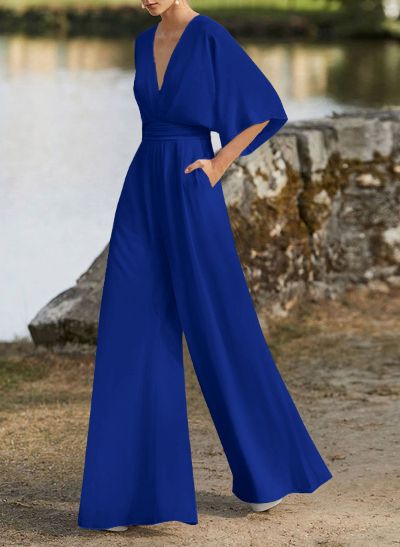 Jumpsuit/Pantsuit V-Neck 1/2 Sleeves Elastic Satin Floor-Length Mother Of The Bride Dress