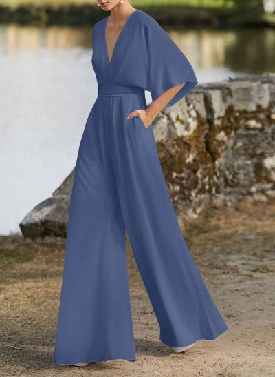 Jumpsuit/Pantsuit V-Neck 1/2 Sleeves Elastic Satin Floor-Length Mother Of The Bride Dress