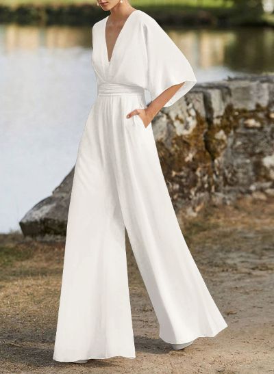 Jumpsuit/Pantsuit V-Neck 1/2 Sleeves Elastic Satin Floor-Length Mother Of The Bride Dress