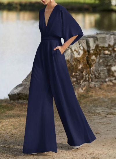 Jumpsuit/Pantsuit V-Neck 1/2 Sleeves Elastic Satin Floor-Length Mother Of The Bride Dress