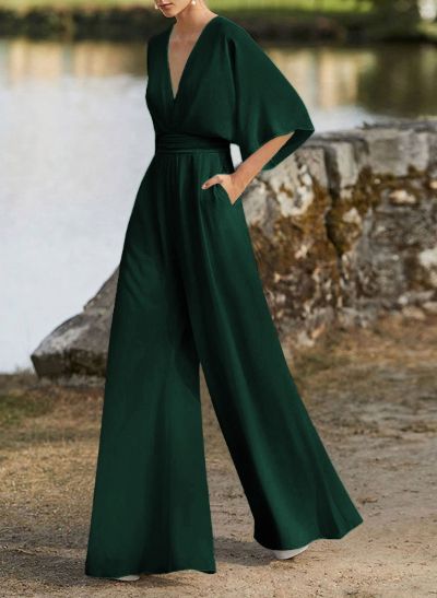 Jumpsuit/Pantsuit V-Neck 1/2 Sleeves Elastic Satin Floor-Length Mother Of The Bride Dress