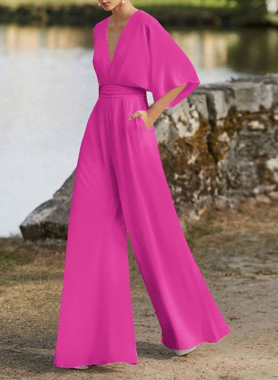 Jumpsuit/Pantsuit V-Neck 1/2 Sleeves Elastic Satin Floor-Length Mother Of The Bride Dress