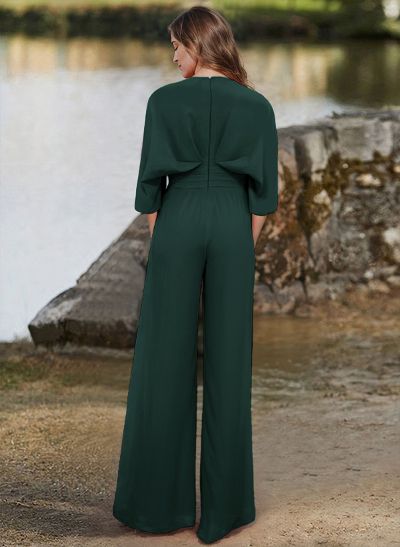 Jumpsuit/Pantsuit V-Neck 1/2 Sleeves Elastic Satin Floor-Length Mother Of The Bride Dress