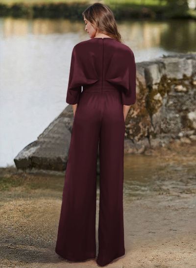 Jumpsuit/Pantsuit V-Neck 1/2 Sleeves Elastic Satin Floor-Length Mother Of The Bride Dress