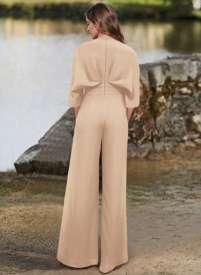 Jumpsuit/Pantsuit V-Neck 1/2 Sleeves Elastic Satin Floor-Length Mother Of The Bride Dress