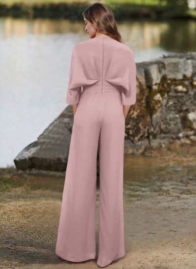 Jumpsuit/Pantsuit V-Neck 1/2 Sleeves Elastic Satin Floor-Length Mother Of The Bride Dress