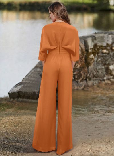 Jumpsuit/Pantsuit V-Neck 1/2 Sleeves Elastic Satin Floor-Length Mother Of The Bride Dress