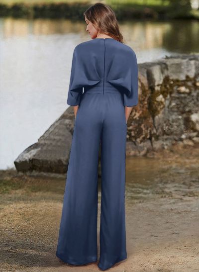 Jumpsuit/Pantsuit V-Neck 1/2 Sleeves Elastic Satin Floor-Length Mother Of The Bride Dress