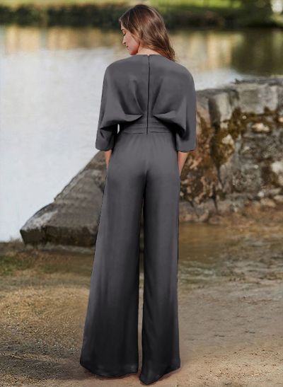 Jumpsuit/Pantsuit V-Neck 1/2 Sleeves Elastic Satin Floor-Length Mother Of The Bride Dress