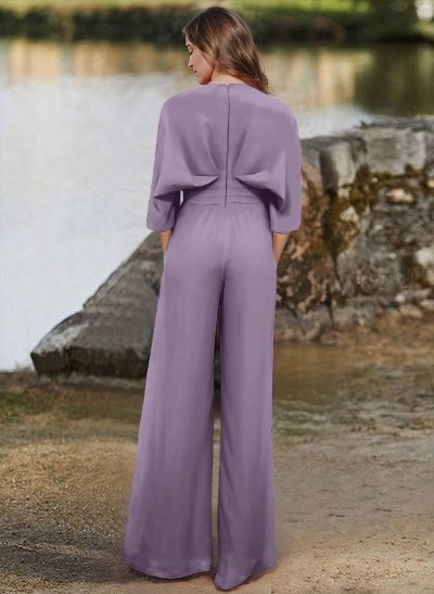 Jumpsuit/Pantsuit V-Neck 1/2 Sleeves Elastic Satin Floor-Length Mother Of The Bride Dress