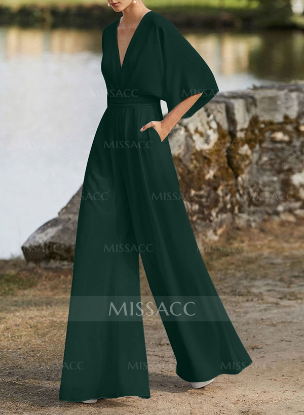 Jumpsuit/Pantsuit V-Neck 1/2 Sleeves Elastic Satin Floor-Length Mother Of The Bride Dress