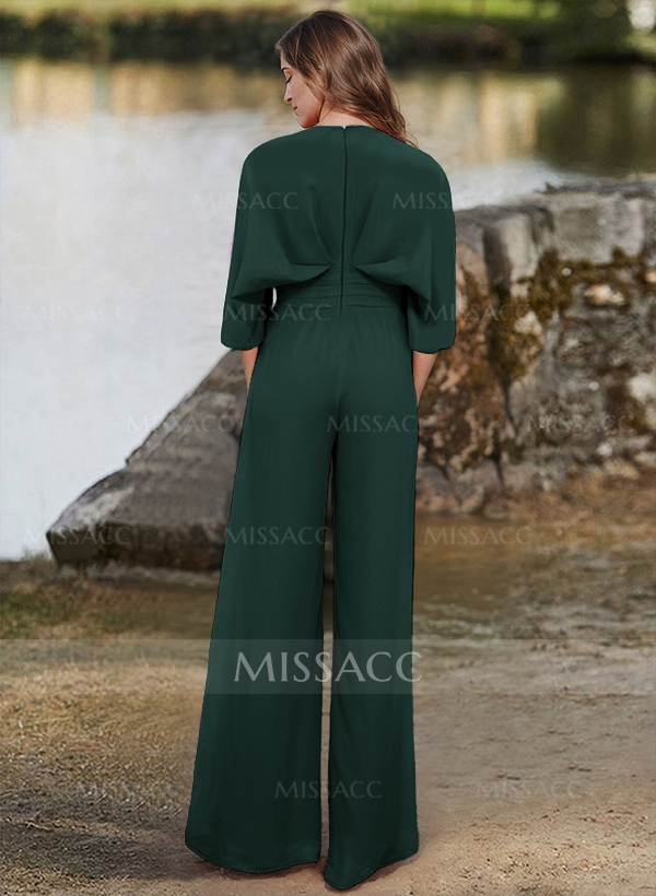 Jumpsuit/Pantsuit V-Neck 1/2 Sleeves Elastic Satin Floor-Length Mother Of The Bride Dress