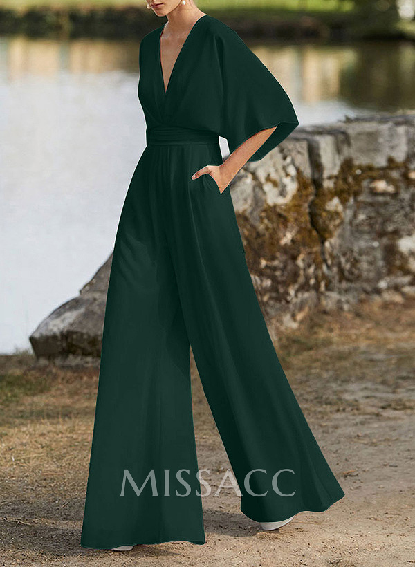 Jumpsuit/Pantsuit V-Neck 1/2 Sleeves Elastic Satin Floor-Length Mother Of The Bride Dress