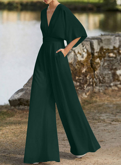 Jumpsuit/Pantsuit V-Neck 1/2 Sleeves Elastic Satin Floor-Length Mother Of The Bride Dress