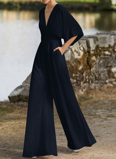 Jumpsuit/Pantsuit V-Neck 1/2 Sleeves Elastic Satin Floor-Length Mother Of The Bride Dress