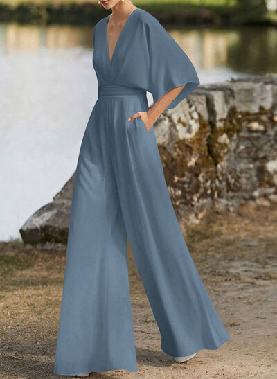 Jumpsuit/Pantsuit V-Neck 1/2 Sleeves Elastic Satin Floor-Length Mother Of The Bride Dress