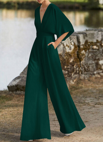 Jumpsuit/Pantsuit V-Neck 1/2 Sleeves Elastic Satin Floor-Length Mother Of The Bride Dress