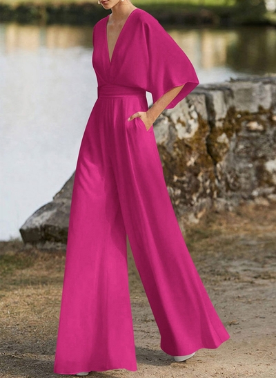 Jumpsuit/Pantsuit V-Neck 1/2 Sleeves Elastic Satin Floor-Length Mother Of The Bride Dress