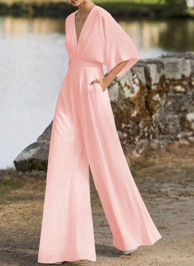 Jumpsuit/Pantsuit V-Neck 1/2 Sleeves Elastic Satin Floor-Length Mother Of The Bride Dress
