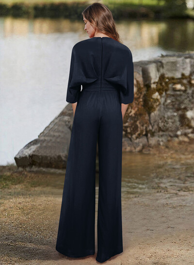 Jumpsuit/Pantsuit V-Neck 1/2 Sleeves Elastic Satin Floor-Length Mother Of The Bride Dress