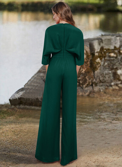 Jumpsuit/Pantsuit V-Neck 1/2 Sleeves Elastic Satin Floor-Length Mother Of The Bride Dress