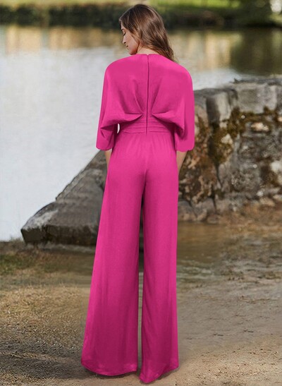 Jumpsuit/Pantsuit V-Neck 1/2 Sleeves Elastic Satin Floor-Length Mother Of The Bride Dress