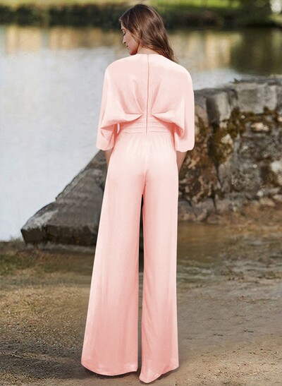 Jumpsuit/Pantsuit V-Neck 1/2 Sleeves Elastic Satin Floor-Length Mother Of The Bride Dress
