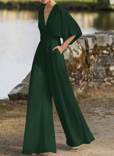 Jumpsuit/Pantsuit V-Neck 1/2 Sleeves Elastic Satin Floor-Length Mother Of The Bride Dress