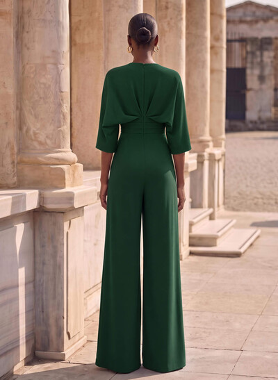 Jumpsuit/Pantsuit V-Neck 1/2 Sleeves Elastic Satin Floor-Length Mother Of The Bride Dress