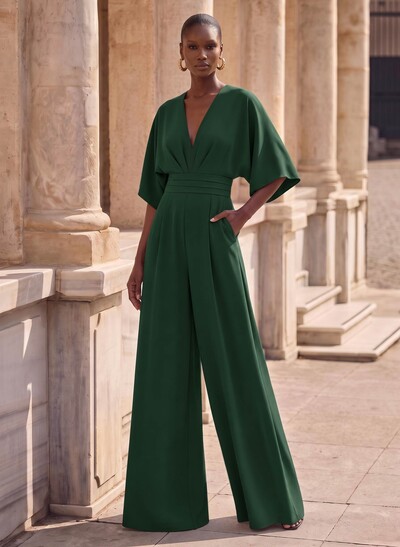 Jumpsuit/Pantsuit V-Neck 1/2 Sleeves Elastic Satin Floor-Length Mother Of The Bride Dress