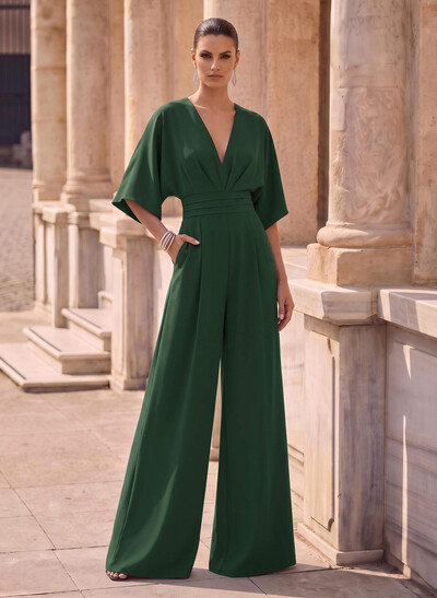 Jumpsuit/Pantsuit V-Neck 1/2 Sleeves Elastic Satin Floor-Length Mother Of The Bride Dress