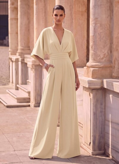 Jumpsuit/Pantsuit V-Neck 1/2 Sleeves Elastic Satin Floor-Length Mother Of The Bride Dress
