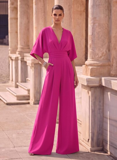 Jumpsuit/Pantsuit V-Neck 1/2 Sleeves Elastic Satin Floor-Length Mother Of The Bride Dress
