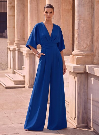 Jumpsuit/Pantsuit V-Neck 1/2 Sleeves Elastic Satin Floor-Length Mother Of The Bride Dress