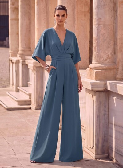 Jumpsuit/Pantsuit V-Neck Half Sleeve Stretch Satin Floor-Length Mother Of The Bride Outfit
