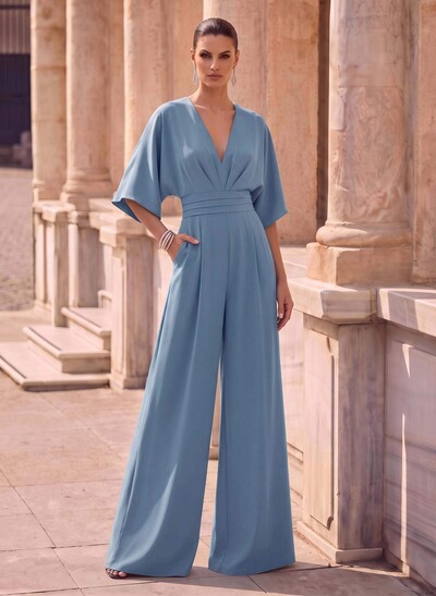 Jumpsuit/Pantsuit V-Neck 1/2 Sleeves Elastic Satin Floor-Length Mother Of The Bride Dress