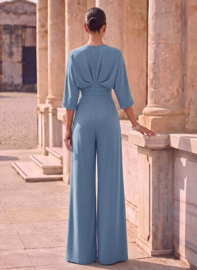 Jumpsuit/Pantsuit V-Neck 1/2 Sleeves Elastic Satin Floor-Length Mother Of The Bride Dress