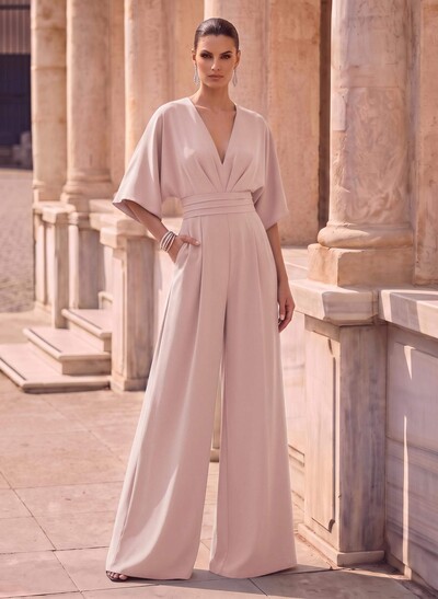 Jumpsuit/Pantsuit V-Neck 1/2 Sleeves Elastic Satin Floor-Length Mother Of The Bride Dress