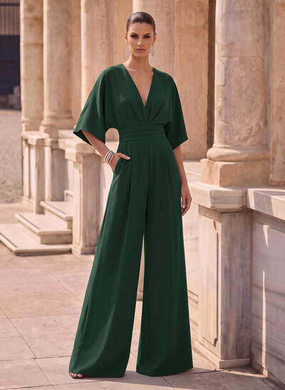 Jumpsuit/Pantsuit V-Neck 1/2 Sleeves Elastic Satin Floor-Length Mother Of The Bride Dress
