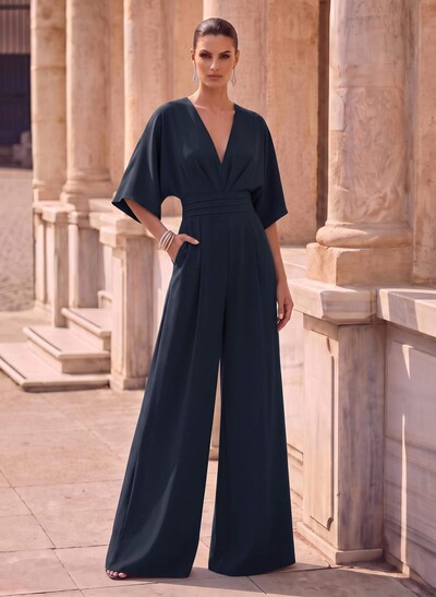 Jumpsuit/Pantsuit V-Neck 1/2 Sleeves Elastic Satin Floor-Length Mother Of The Bride Dress
