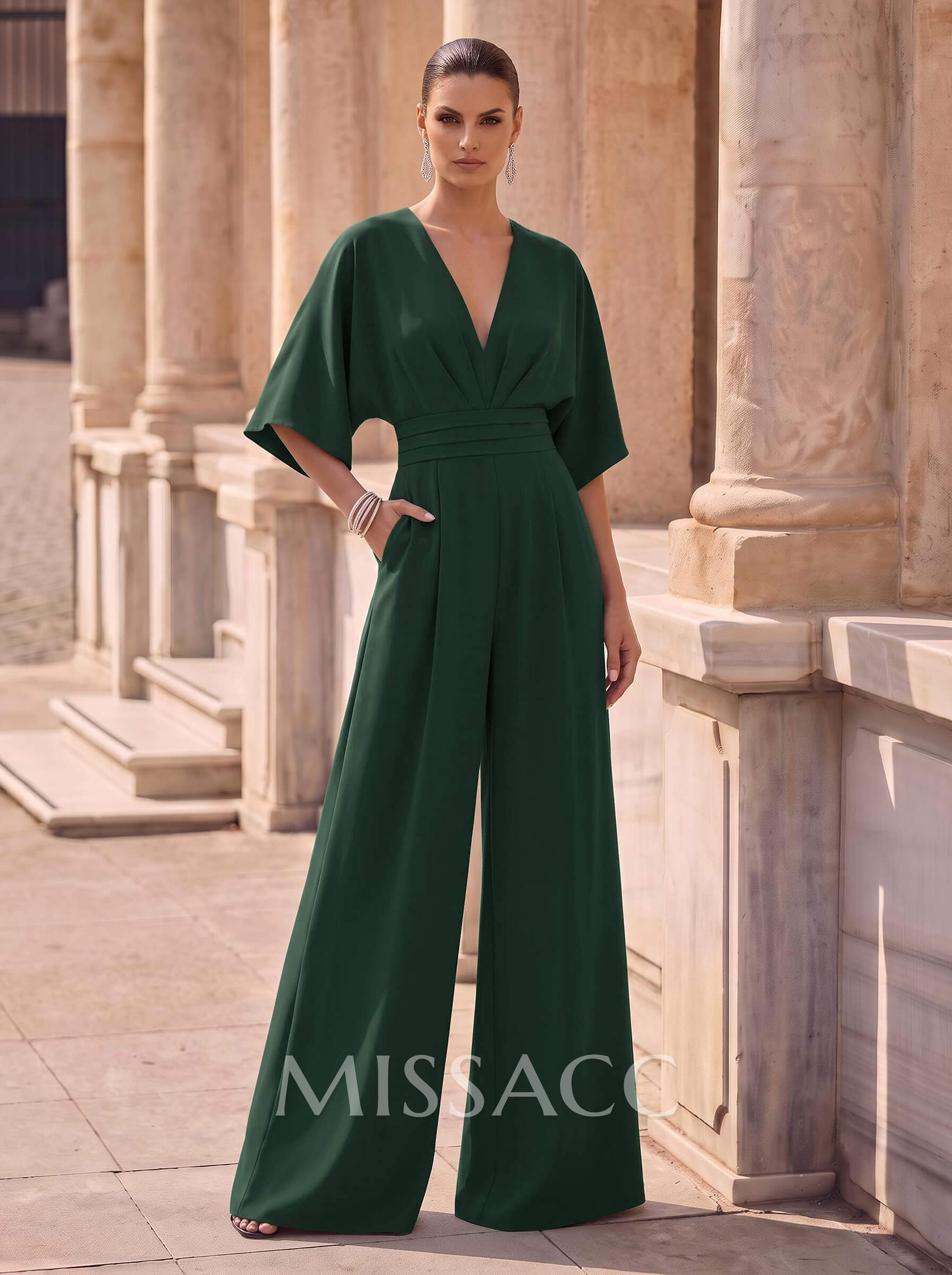 Jumpsuit/Pantsuit V-Neck 1/2 Sleeves Elastic Satin Floor-Length Mother Of The Bride Dress